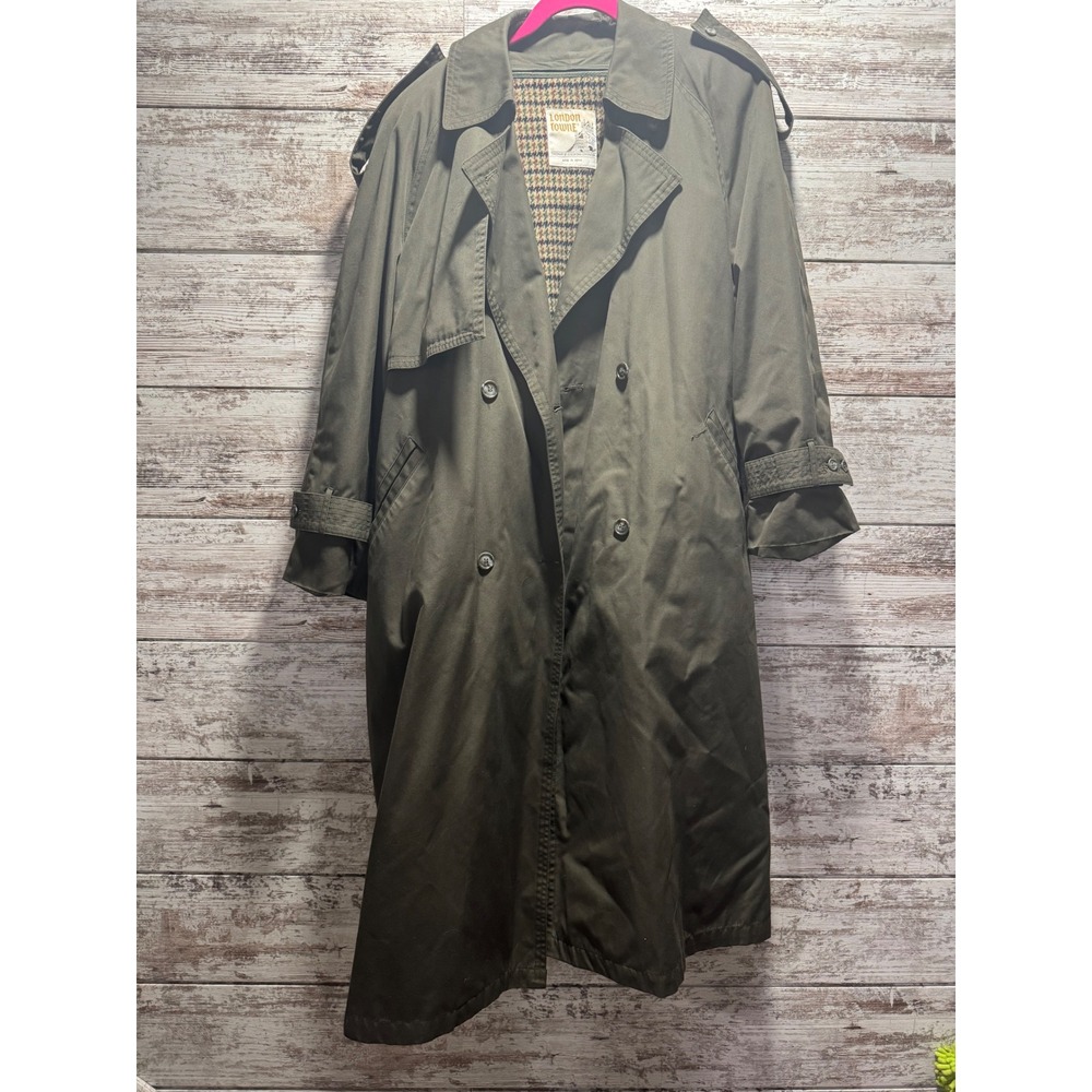 London Towne Women's Classic Double Breasted Trench Coat Olive Green Size 16